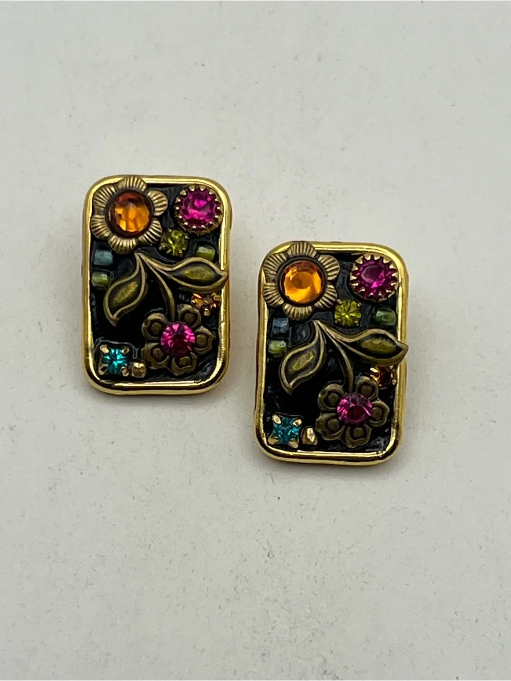 Michal Golan Midnight Garden enamel rhinestone rectangle clip on earrings flower
